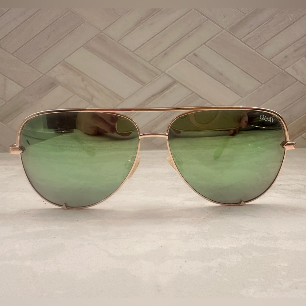 QUAY High Key Polarized Aviator Sunglasses- Gold frame with Aqua Mirrored lenses